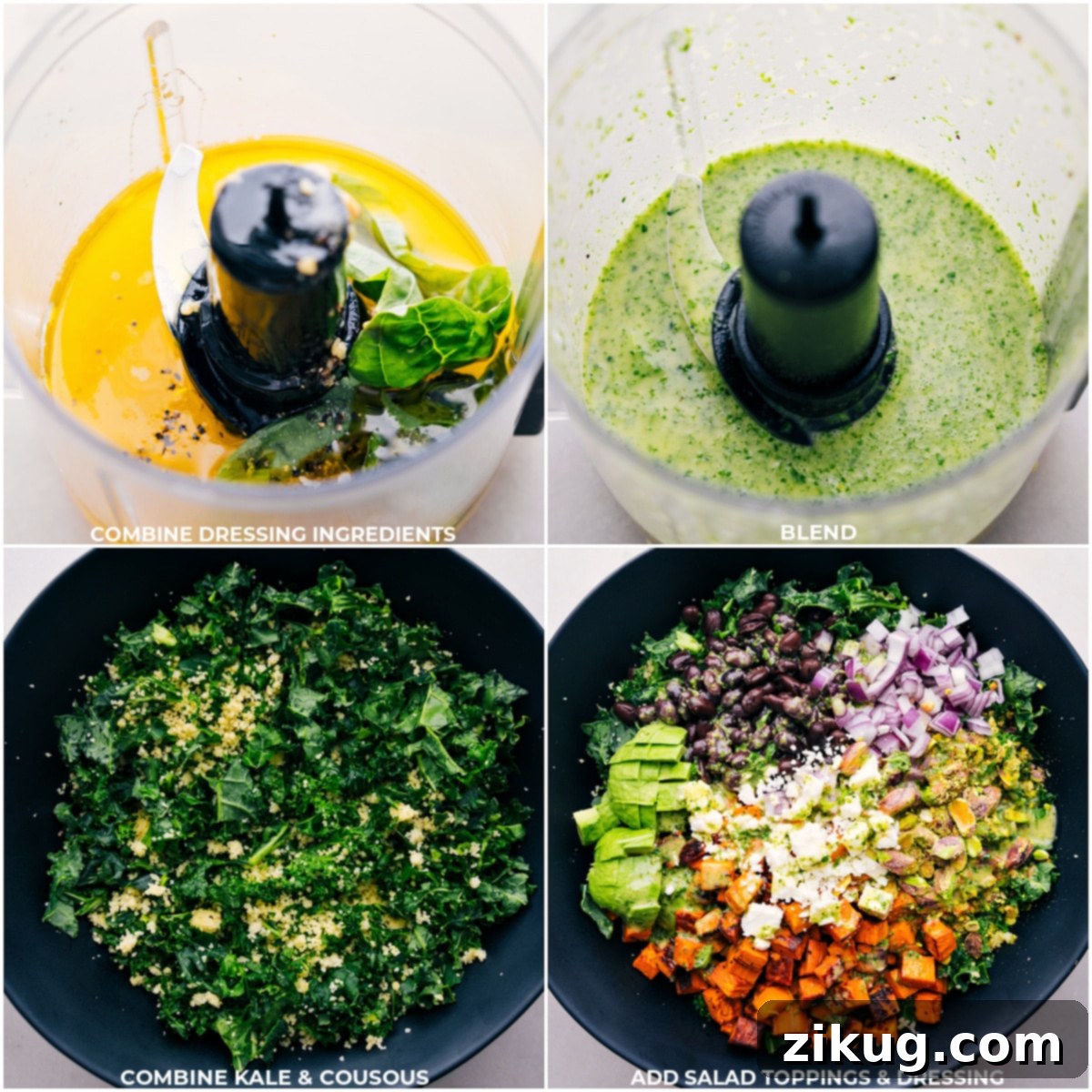 The Best Kale Sweet Potato Salad Assembly The process of preparing the basil-lemon dressing, then combining kale, couscous, roasted sweet potatoes, and other toppings for this delicious Kale Sweet Potato Salad.