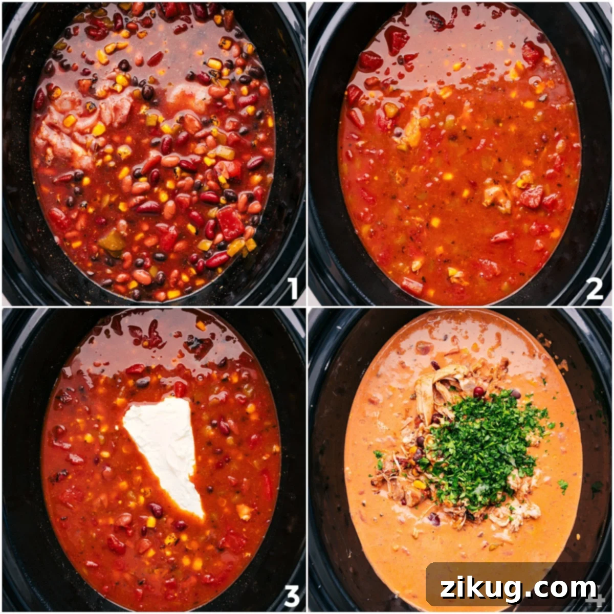 All the vibrant ingredients are added to the crockpot, slowly cooking together to create a rich base, then finished with creamy cream cheese and fresh herbs for the perfect Chicken Taco Chili.