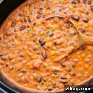 A close-up shot of creamy chicken taco chili in a serving bowl with toppings.