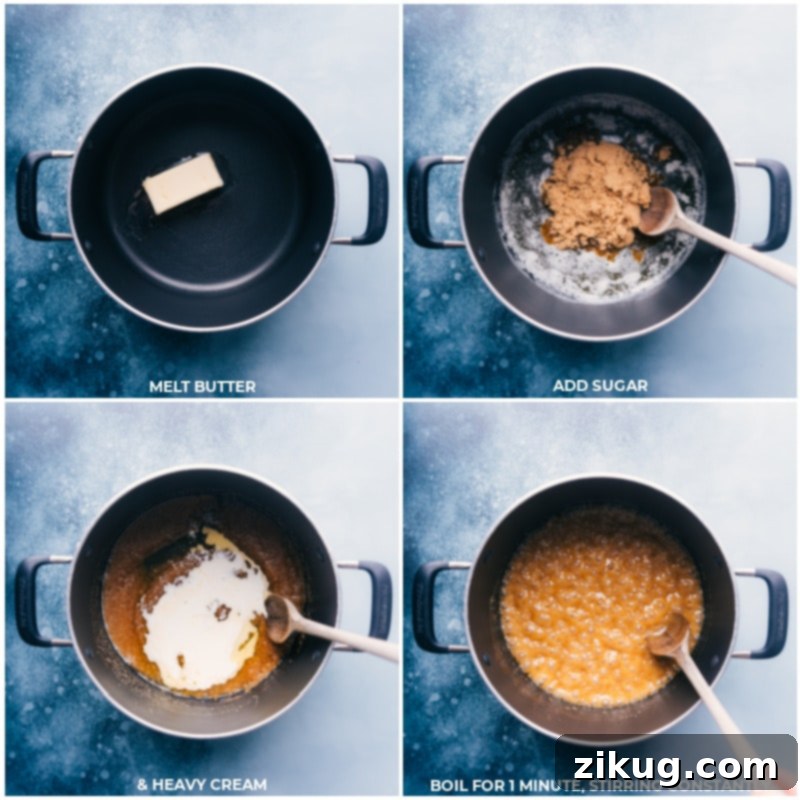 Step-by-step images showing butter melting, followed by brown sugar and heavy cream being stirred into the pot.