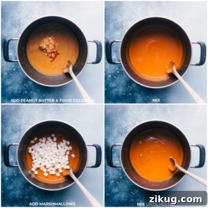 Process images: adding peanut butter, orange food coloring, and miniature marshmallows to the pot and stirring them into the melted mixture.