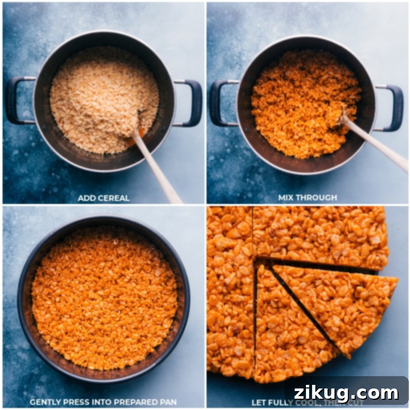 Images showing Rice Krispies cereal being added to the melted marshmallow mixture, everything mixed together, and the finished mixture being pressed into a round pan.