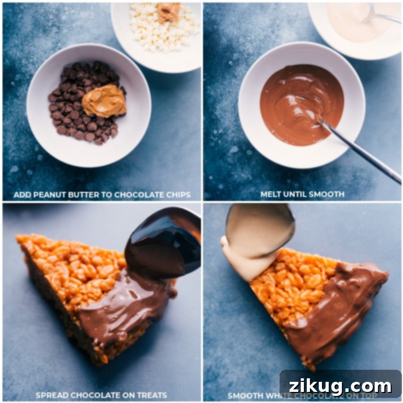Process images: melting milk and white chocolate in separate bowls, then spooning them onto the ends of the triangular Krispie treats.