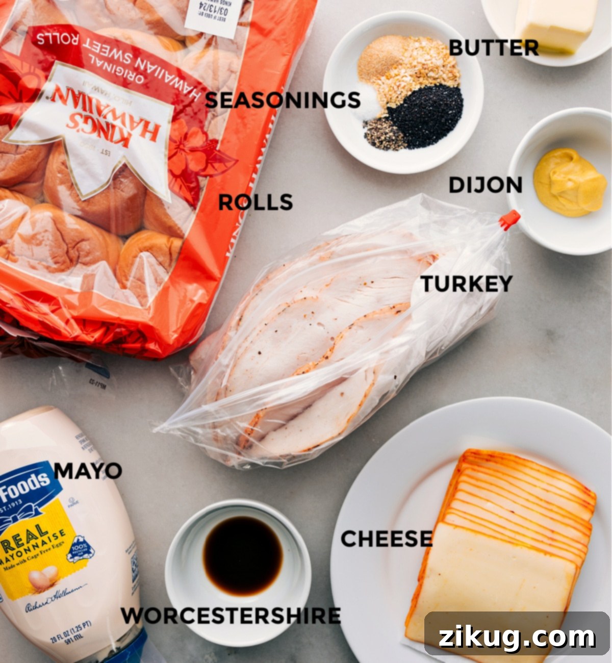 Essential Ingredients for Turkey Sliders All the ingredients for Turkey Sliders prepped out for easy assembly.