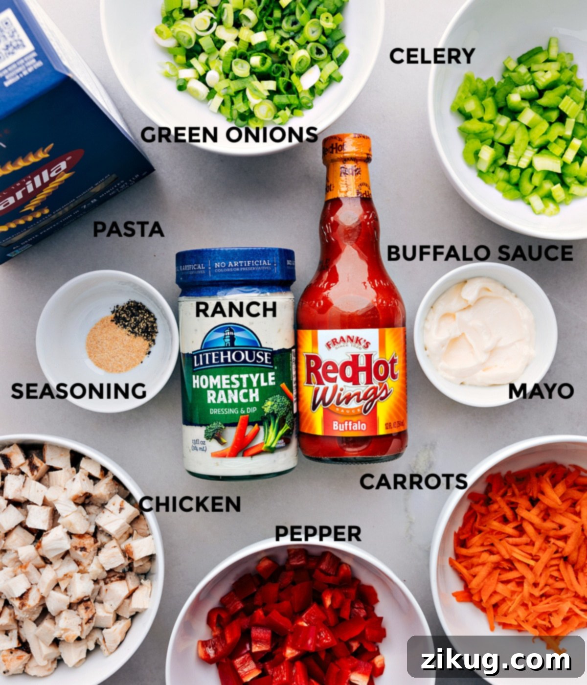 Ingredients For Easy Buffalo Chicken Pasta Salad All the fresh ingredients laid out and prepped for making Buffalo Chicken Pasta Salad.