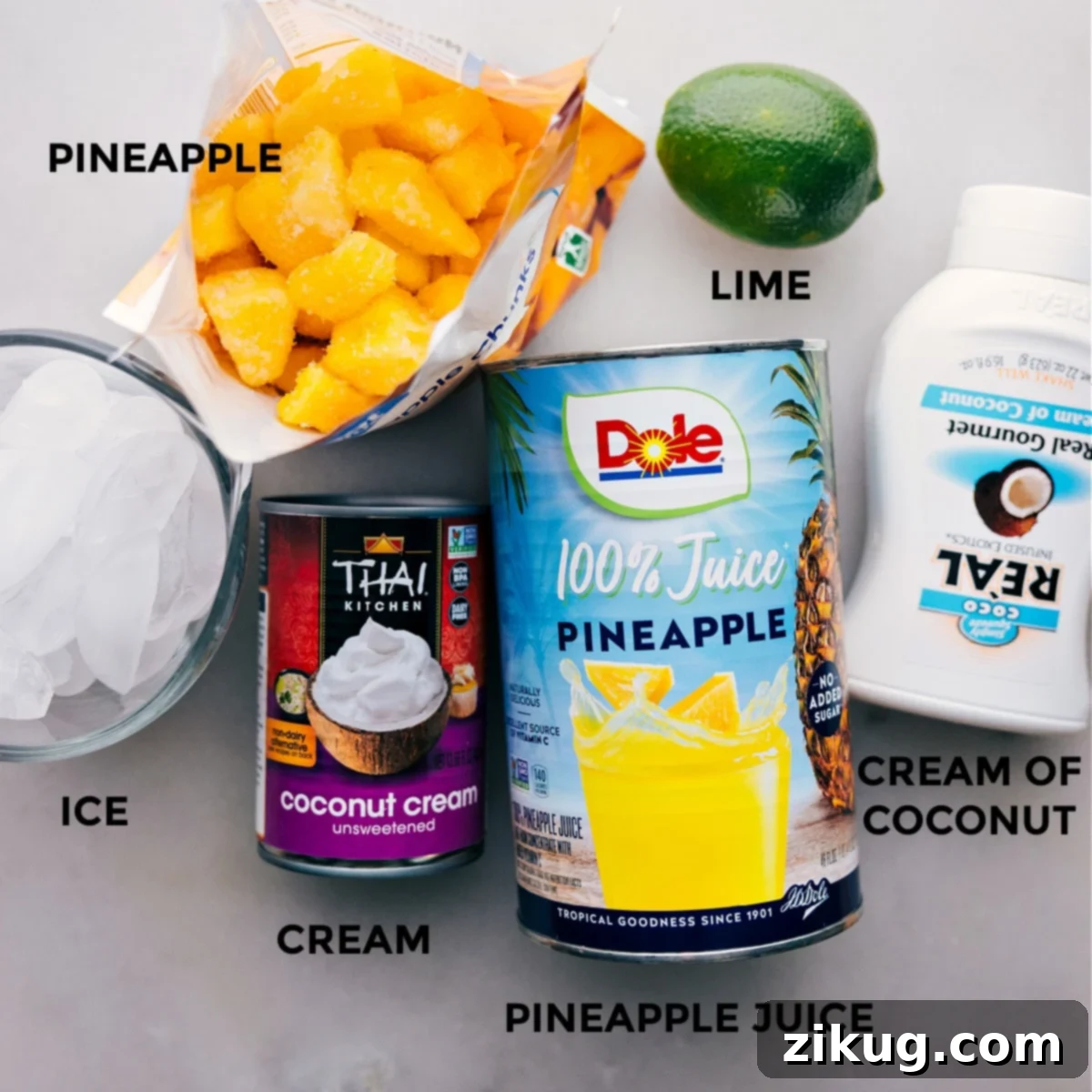 All the essential ingredients for making a delicious Pina Colada, prepped and ready for blending.