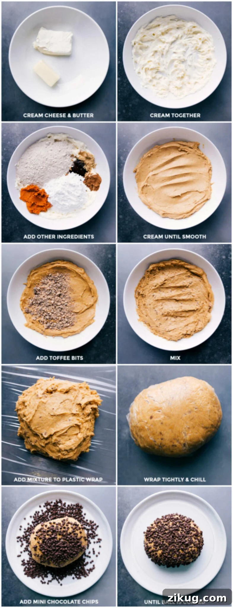 Preparing Pumpkin Cheesecake Ball with Chocolate Chips Coating Creaming together cream cheese and butter, adding various ingredients, mixing in toffee bits, chilling the mixture, and finally rolling the chilled cheese ball in chocolate chips to create a delightful dessert.