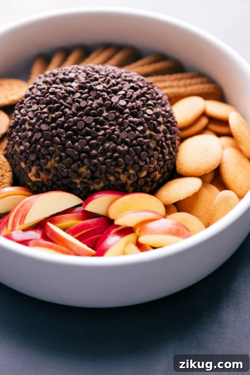 No-Bake Pumpkin Cheesecake Ball with Dippers A delicious no bake pumpkin cheesecake ball presented in a bowl, surrounded by an assortment of dippers including vanilla wafers, apple slices, and more, offering a delightful and indulgent dessert spread.