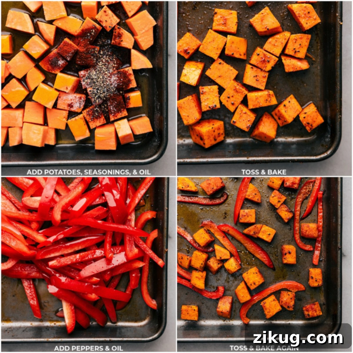 Roasted sweet potatoes and peppers with savory seasonings: Aromatic and Delicious Diced sweet potatoes and thinly sliced red bell peppers, generously seasoned with paprika and chili powder and drizzled with olive oil, spread evenly on a sheet pan, ready for roasting in the oven.