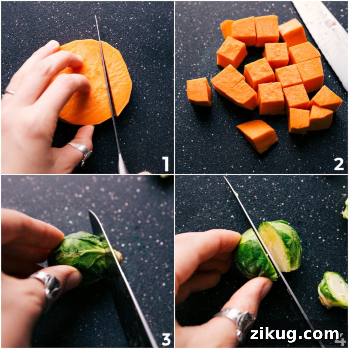 Step-by-Step Preparation for Harvest Vegetables and Sausage Preparing sweet potatoes and Brussels sprouts by chopping them for Harvest Vegetables and Sausage.