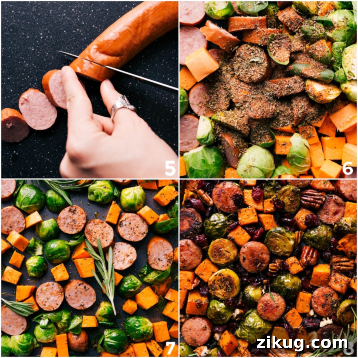How To Roast Fall Vegetables And Sausage on One Pan Slicing the sausage and adding all ingredients to the sheet pan for roasting.