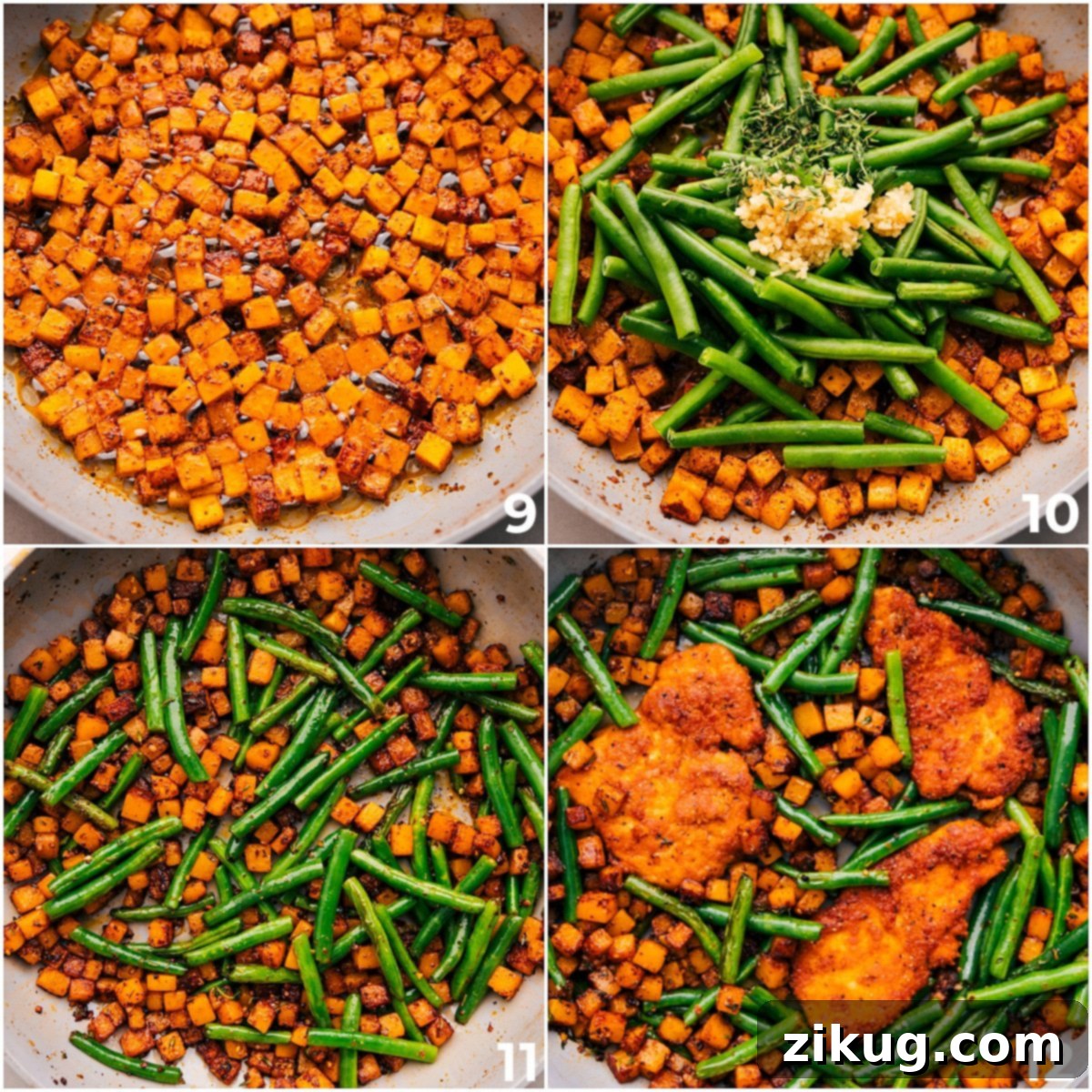 Cooking Butternut Squash And Chicken Together The skillet showcasing cooked butternut squash, green beans, and herbs, with the pan-seared chicken added back in for the final steps.