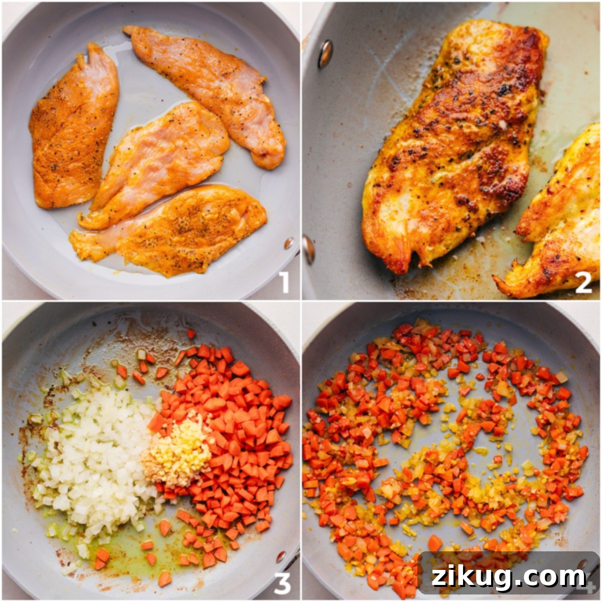 Cooking Steps for The Best One Pot Curry Chicken and Rice The cooking process of One Pot Curry Chicken and Rice, showing chicken being seared and then vegetables sautéed in the same pot.