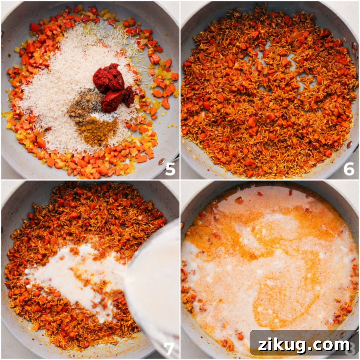 Ingredients Combining for Easy Chicken And Rice Curry Basmati rice, seasonings, creamy coconut milk, and red curry paste being carefully added to the pot for the one-pot curry.