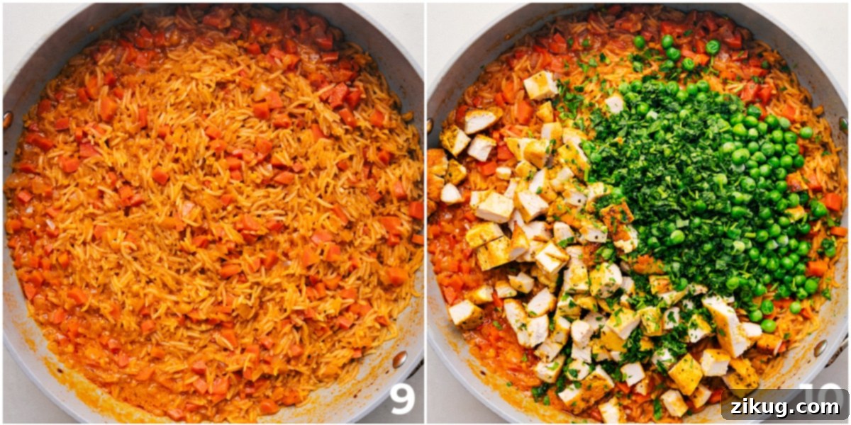 Finishing the Best Ever Curry Chicken and Rice Diced chicken, fresh herbs, and thawed frozen peas being gently stirred into the finished One Pot Curry Chicken and Rice.