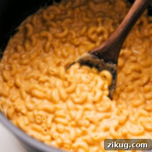 Creamy One Pot Mac and Cheese 5 The dish in a pot with a spoon scooping some out.