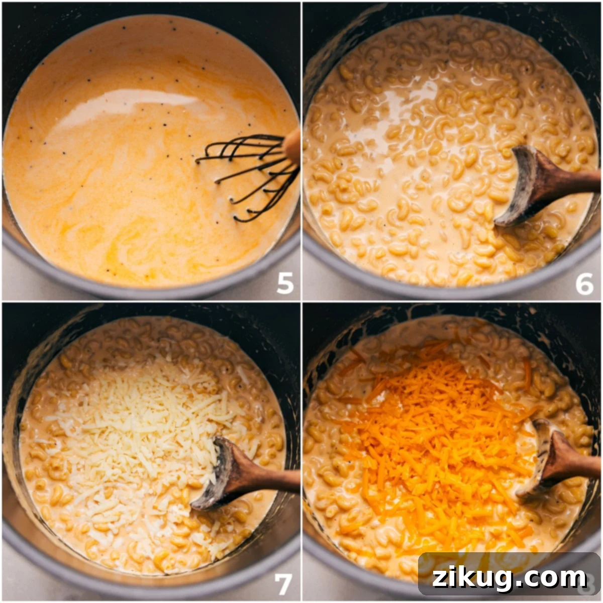 Creamy One Pot Mac and Cheese 4 Uncooked elbow macaroni being added to a bubbling, creamy sauce in a large pot, followed by layers of freshly shredded cheeses being gently stirred in to create a rich and smooth consistency.