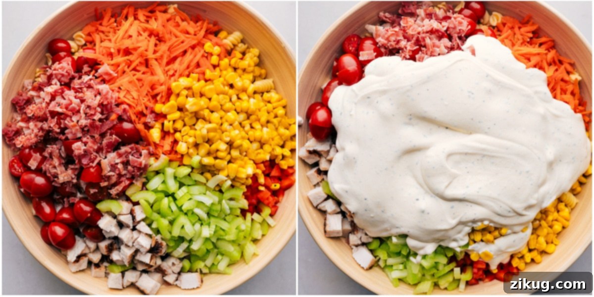 Favorite Chicken Pasta Salad Recipe All the vibrant toppings, including chicken, bacon, and fresh vegetables, being added over a bed of tender pasta, with the creamy dressing poured over everything for this easy chicken pasta salad recipe.
