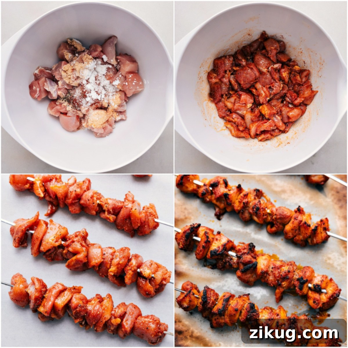 All the ingredients being tossed in a bowl for the baked chicken bites and then them being layered onto a skewer and being baked.