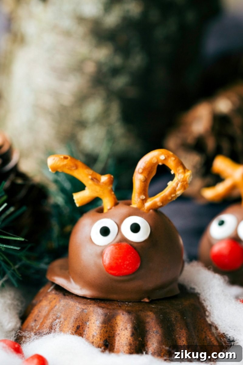 Festive OREO Truffle Delights 4 Image of one of the Reindeer Oreo Truffles, featuring pretzel antlers, candy eyes, and a red nose against a rich chocolate coating. A perfect treat for Christmas.