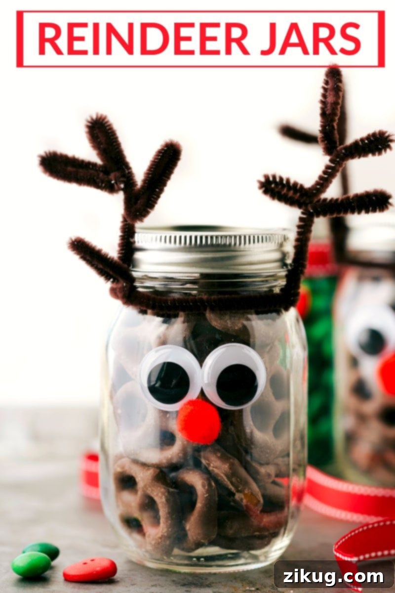 Creative Christmas mason jar gift ideas including a reindeer design. Reindeer themed Christmas Mason jar gift ideas, decorated with pipe cleaner antlers, googly eyes, and red pom-pom noses.