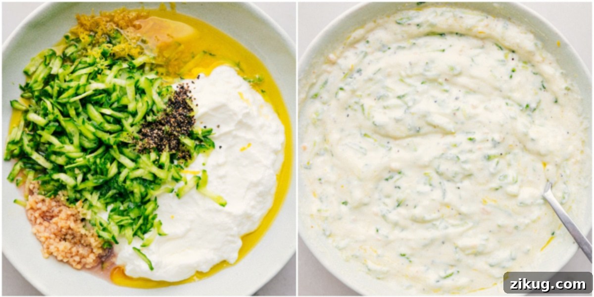 The Essential Homemade Tzatziki for Greek Chicken Bowls A close-up view of creamy Tzatziki sauce being mixed in a bowl, showcasing its fresh cucumber, yogurt, and herb ingredients, ready to be served with Greek Chicken Bowls.