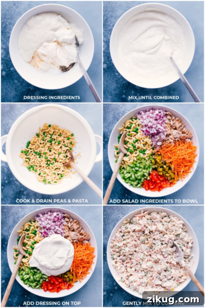 Process shots of making Tuna Macaroni Salad, showing fresh ingredients and the creamy dressing being combined.