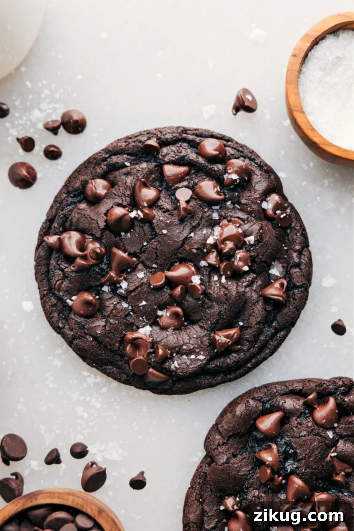 Perfect Single Serve Double Chocolate Cookie Recipe A delicious Single Serve Double Chocolate Cookie, topped with flaky sea salt, presented from above.