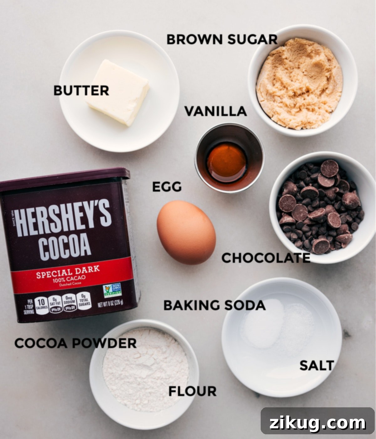 Key Ingredients for Double Chocolate Cookies All the fresh ingredients for this Single Serve Double Chocolate Chip Cookie recipe are laid out on a clean surface, prepped and ready for easy assembly.