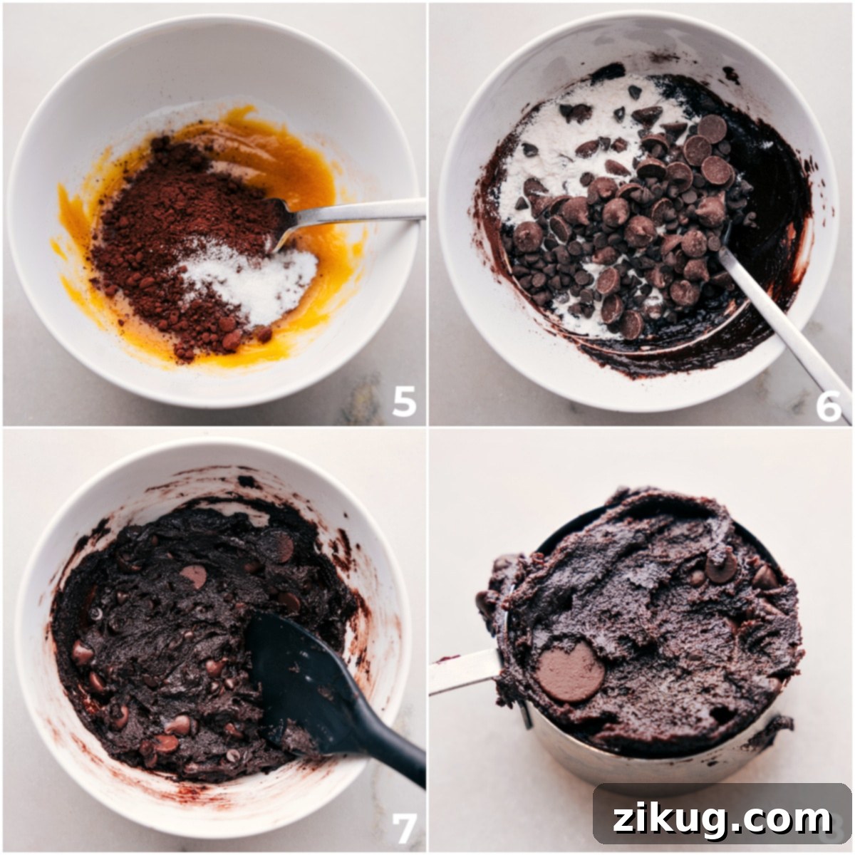 Combining Ingredients for Double Chocolate Cookies The dry ingredients are being carefully added to the wet mixture in a bowl, then gently combined and transferred to a measuring cup, showcasing the process of making these Double Chocolate Chip Cookies.
