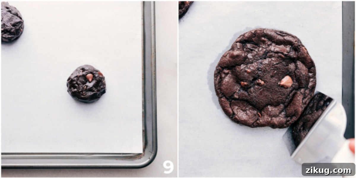 Baking Single Serve Double Chocolate Chip Cookies A perfectly portioned Single Serve Double Chocolate Chip Cookie dough ball baking on a parchment-lined sheet pan in the oven, achieving that ideal texture.