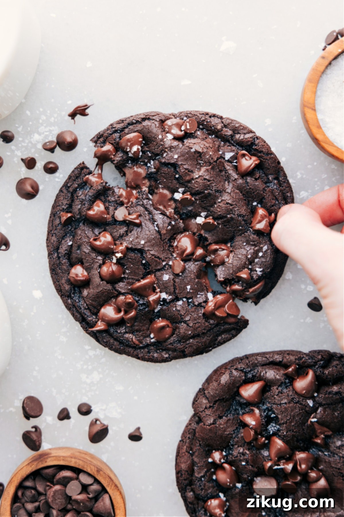 Simple And Delicious Single Serve Double Chocolate Chip Cookie A freshly baked Single Serve Double Chocolate Chip Cookie, garnished with flaky sea salt, is held up with a hand breaking it open to reveal its gooey, delicious center.