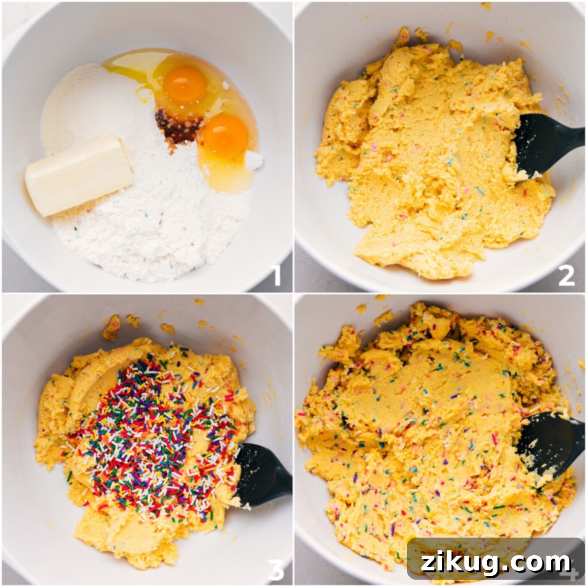 How To Make Cake Mix Cookies All the ingredients in these cake mix cookies being added to a bowl and being mixed together until a thick dough appears.