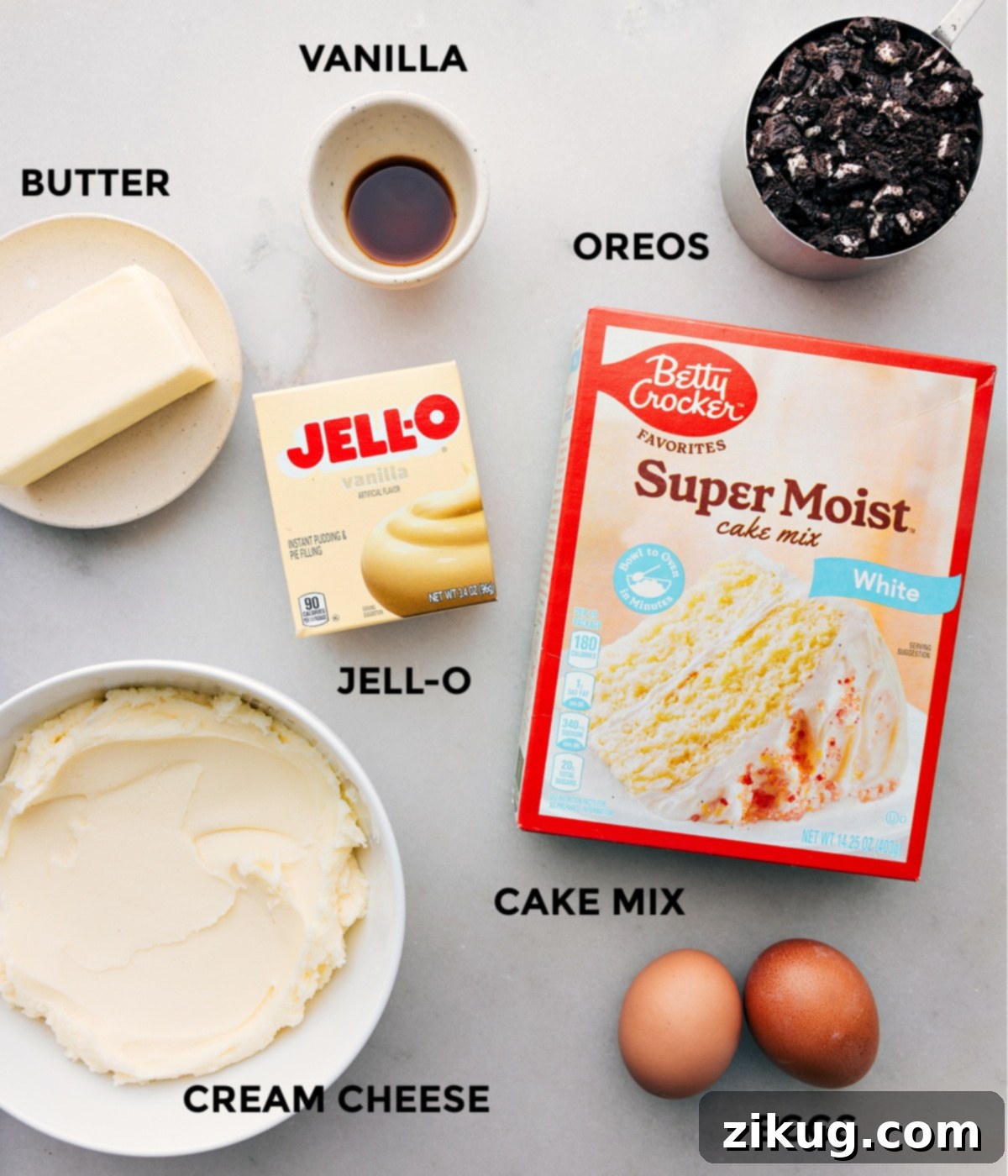 Oreo Whoopie Pie Ingredients All the fresh ingredients for baking Oreo Whoopie Pies neatly prepped and laid out for easy assembly.