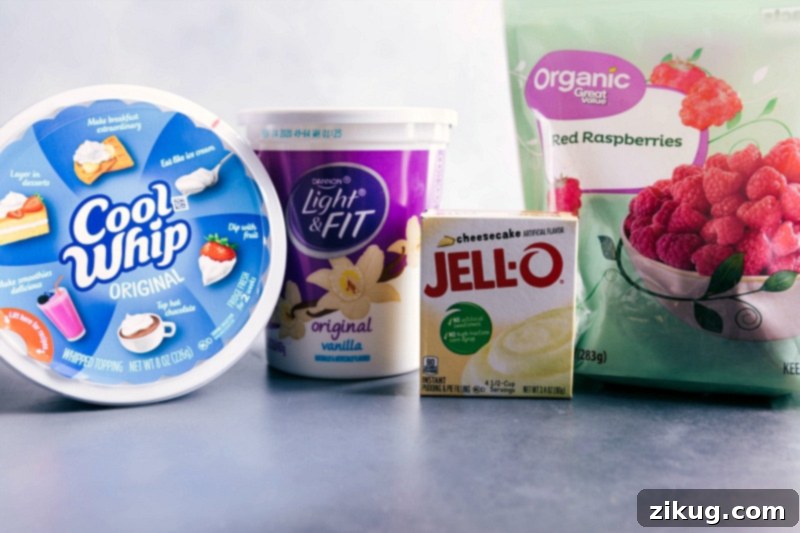 Photo showcasing the four essential ingredients for Raspberry Fluff: light vanilla yogurt, cheesecake instant pudding mix, frozen raspberries, and thawed whipped topping.