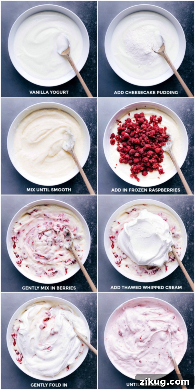 Process shots demonstrating the preparation of Raspberry Fluff: first, whisking together vanilla yogurt and dry cheesecake pudding mix; then, gently folding in frozen raspberries and thawed whipped topping.