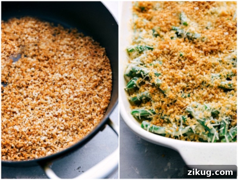 Golden-brown, toasted panko breadcrumbs being generously sprinkled over the top of the cheesy green bean casserole, creating a crispy topping.
