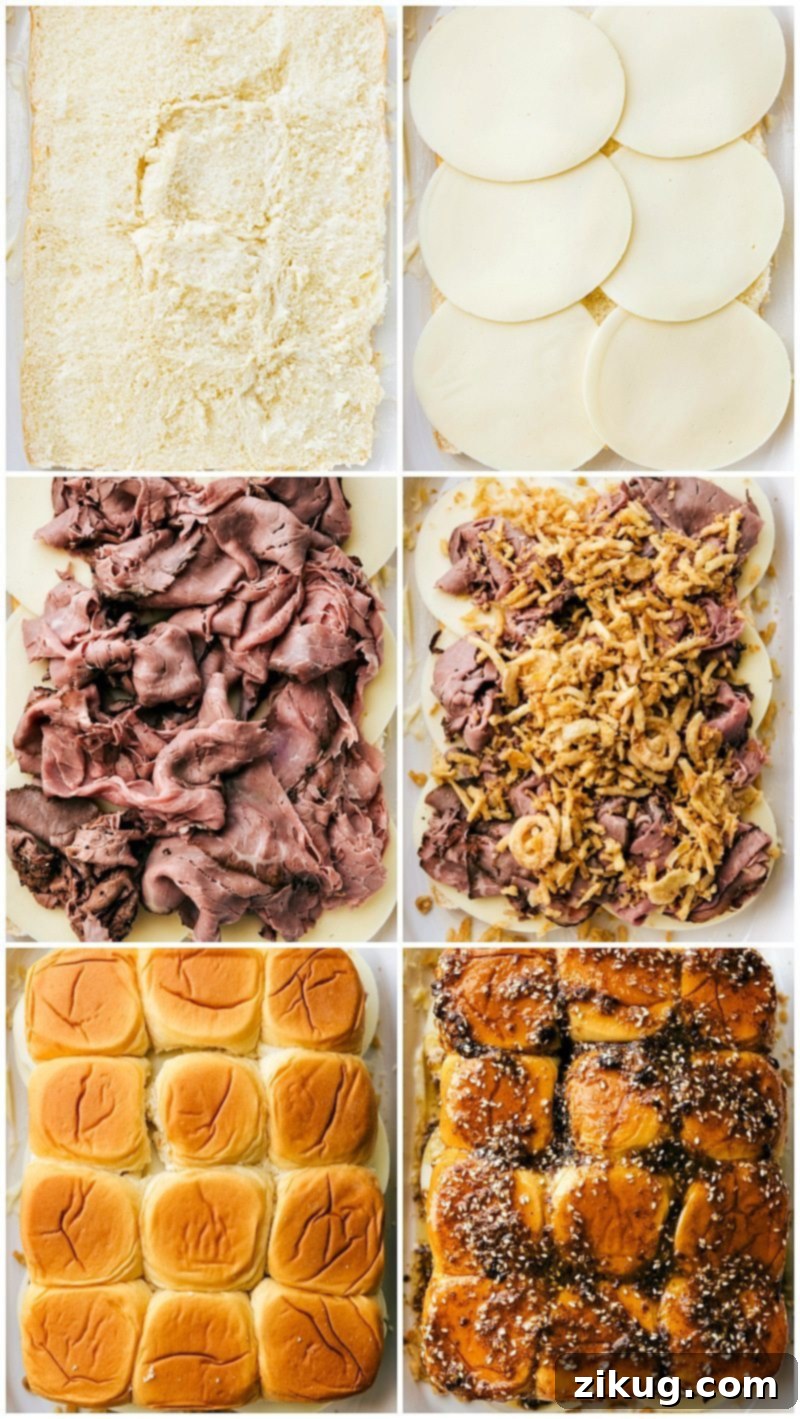Provolone, roast beef, crispy onions, all being layered on rolls and topped with another layer of rolls and butter.