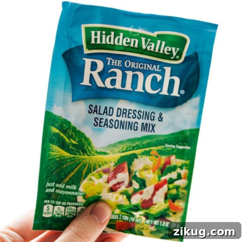 Essential Ranch Seasoning for Your Savory Cheese Ball The ranch salad dressing and seasoning mix, a key ingredient, used in the savory cheese ball recipe.