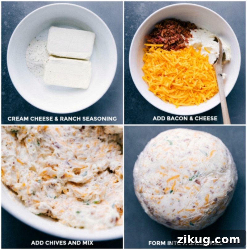 Making a Delicious Savory Cheese Ball: Mixing, Adding Ingredients, and Chilling Mixing cream cheese and ranch seasoning together, adding bacon, cheese, and chives, mixing them together, forming the mixture into a ball, and wrapping it in plastic to chill, one of the final steps in the cheese ball recipe.