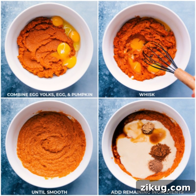Preparing the Rich Pumpkin Filling for Pumpkin Pecan Pie Eggs and pumpkin puree being whisked together with sweetened condensed milk, vanilla extract, and a blend of warm spices, creating the smooth pumpkin filling for this delicious pumpkin pecan pie.