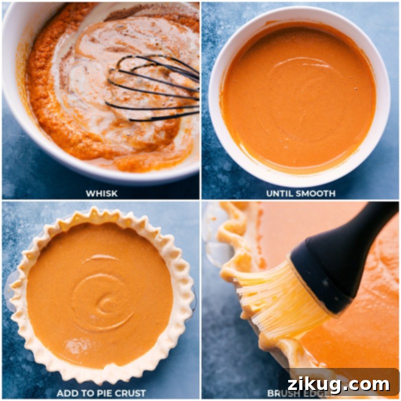 Add Pumpkin Pie Filling To Crust And Bake The process of making the pumpkin pecan pie, showing the filling being whisked, poured into the crust, and the crust being brushed with an egg wash before baking.