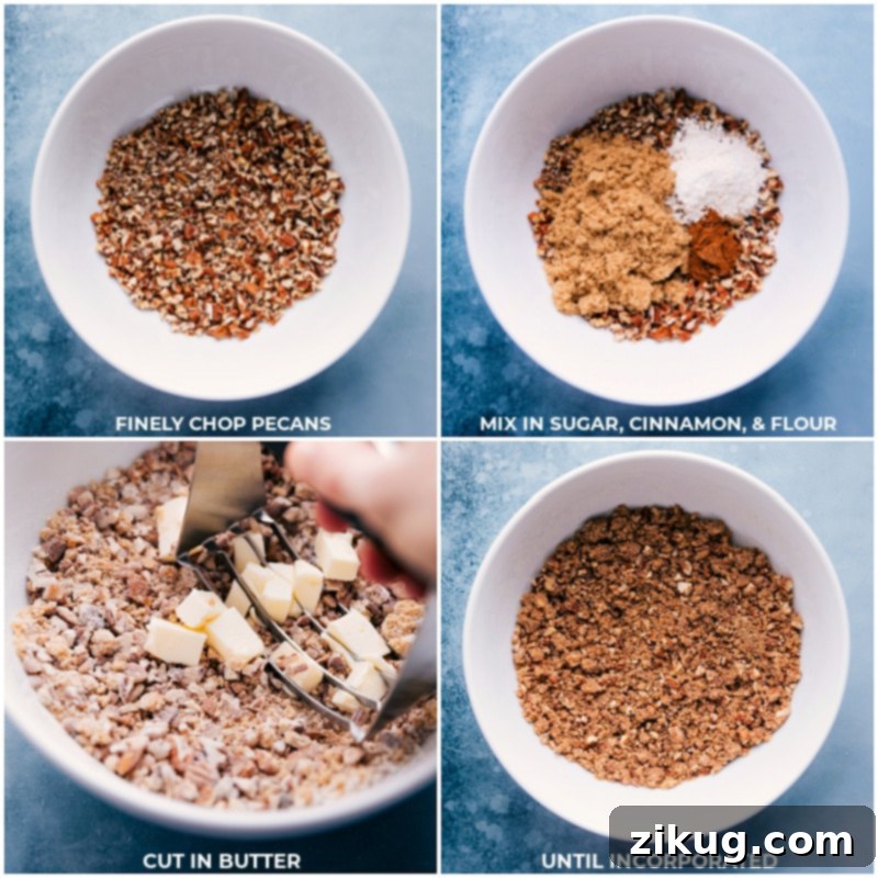 How To Make The Perfect Pecan Streusel Topping For Pumpkin Pie Freshly prepared pecan streusel topping, a delicious mix of chopped pecans, brown sugar, flour, cinnamon, and butter, ready to be added to the pumpkin pie.