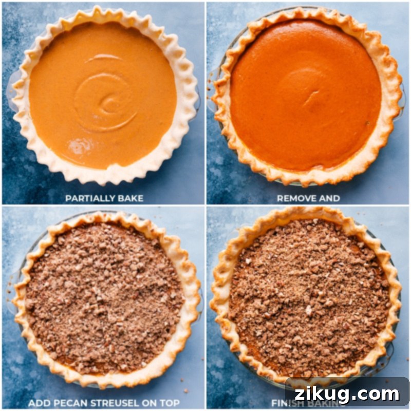 Add Pecan Streusel On Top Of Your Pumpkin Pie For Perfection The process of baking the pumpkin pecan pie, showing the pie partially baked, then the pecan streusel topping being added, and finally the pie baking again until golden brown and delicious.