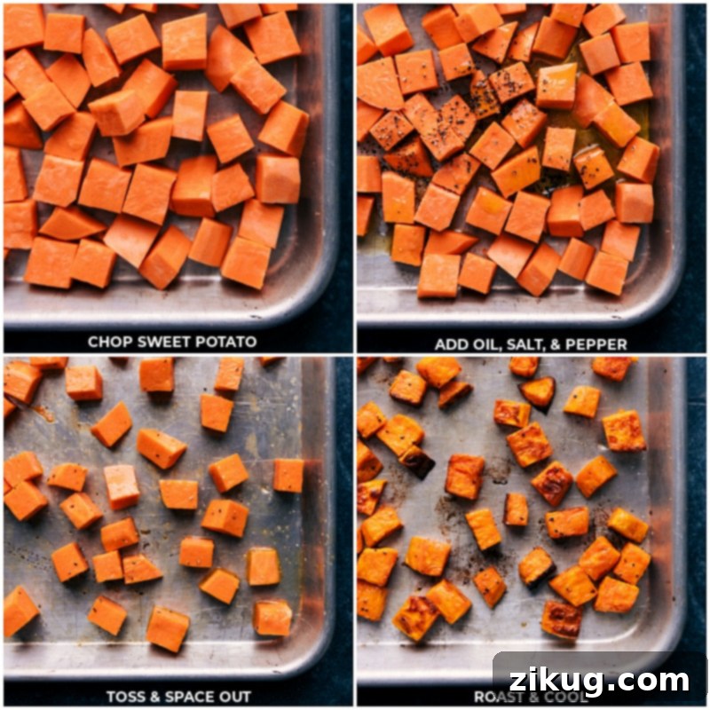 Roasting sweet potatoes to a tender, golden perfection for your hearty farro salad. Process shots: Chopped sweet potatoes are tossed with olive oil, salt, and pepper on a baking sheet, then roasted until caramelized and tender.