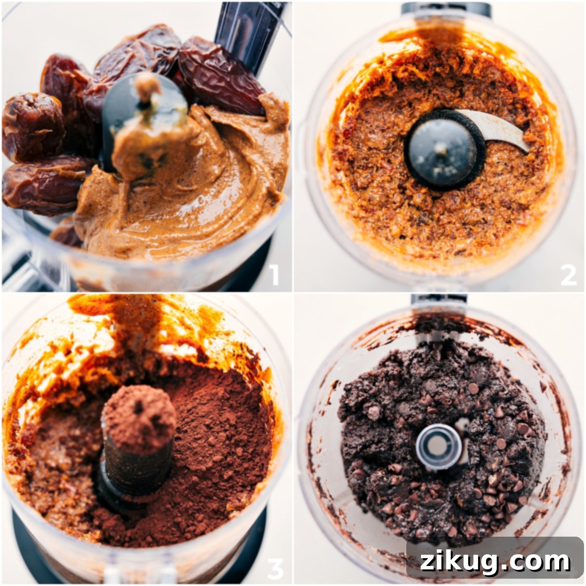 How to Prepare Date Brownies Step-by-Step The process of making date brownies, showing all ingredients being added to a food processor for blending.
