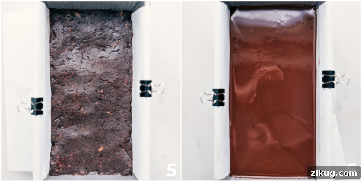 The Best No-Bake Date Brownies The delicious no-bake date brownie mixture pressed into a bread pan, with smooth chocolate topping being spread evenly on top.