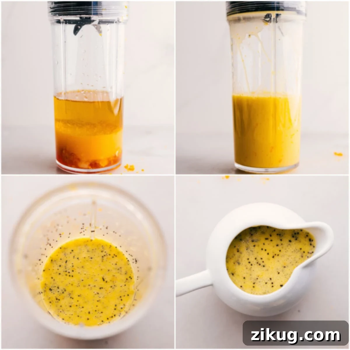 The process of blending the dressing ingredients in a small blender, followed by mixing in poppy seeds in a mason jar, showcasing the steps for creating the mandarin orange salad dressing.