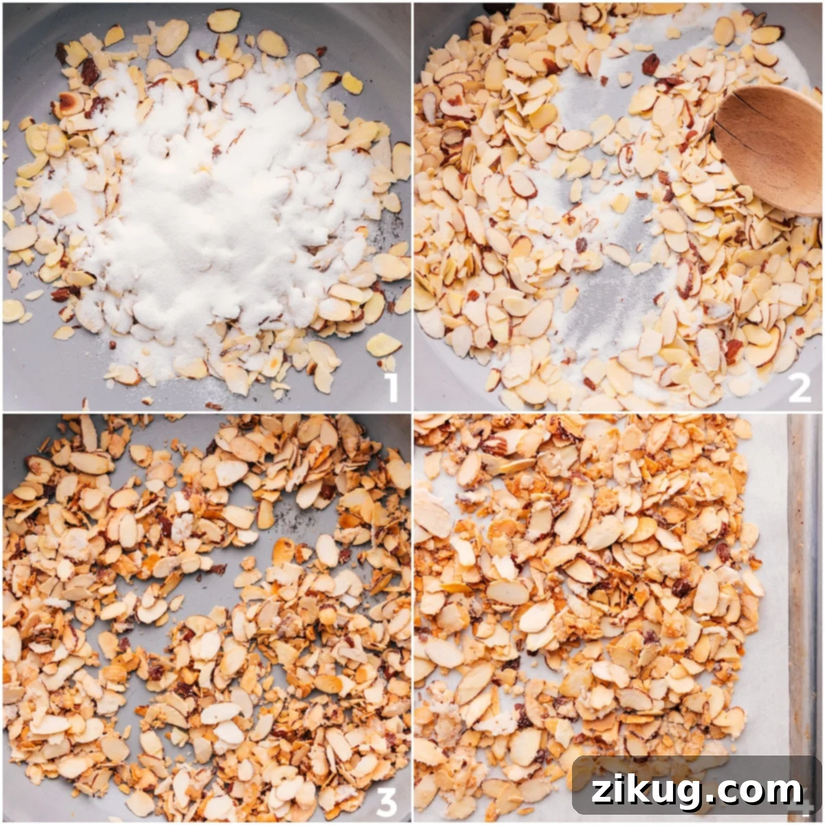 Close-up shot of perfectly sugared and toasted almonds spread on parchment paper, ready to be broken into pieces for the mandarin orange salad.