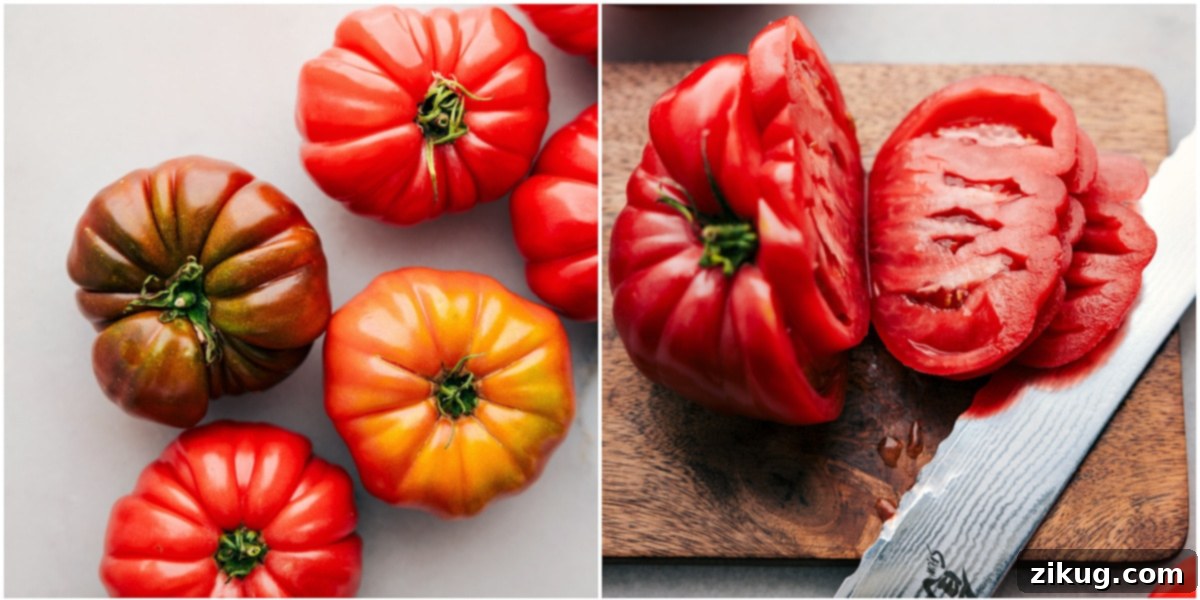 A ripe heirloom tomato being thinly sliced on a wooden cutting board, ready for the sandwich.